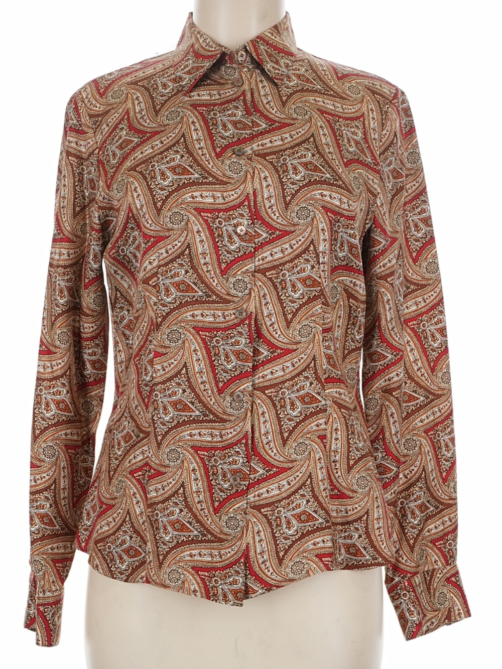 TALBOTS Brown Geometric Button Up Silk Long Sleeve Collar Sz 16 -40 chest